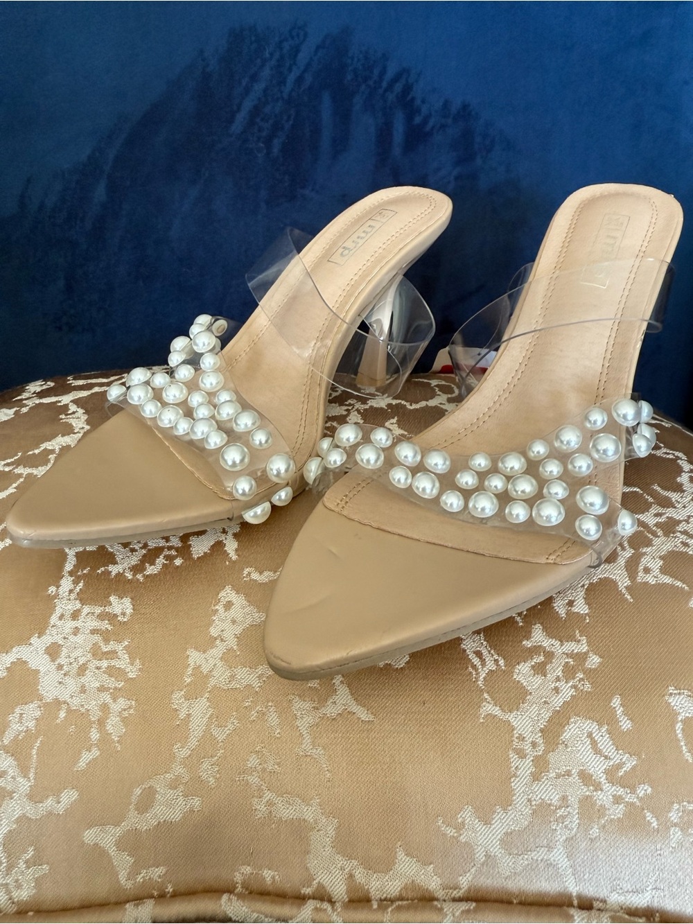 Pearl-Embellished Nude Slide Heels